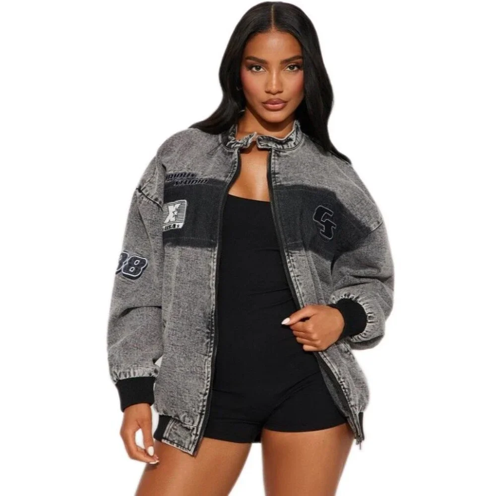 Fashion Nova Stay Bothered Bomber Jacket Washed Oversized Womens Size M - Picture 1 of 9